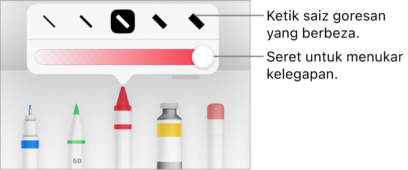 Kawalan untuk memilih saiz goresan dan gelangsar untuk melaraskan kelegapan.