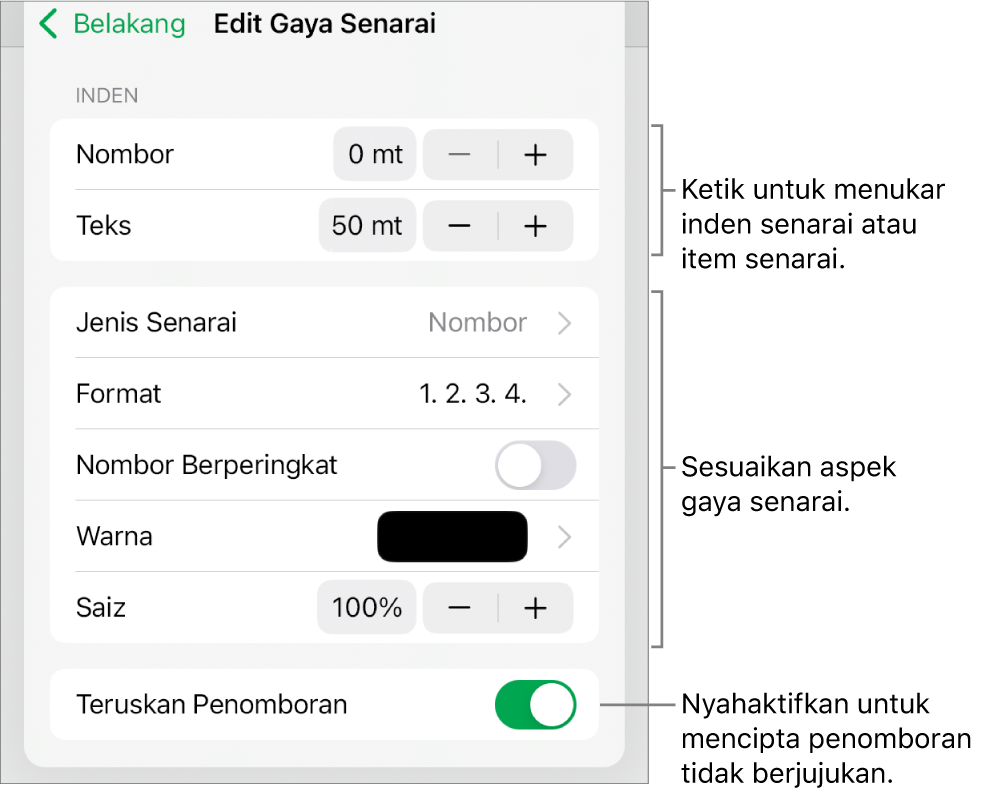 Menu Edit Gaya Senarai dengan kawalan untuk jarak inden, jenis dan format senarai, nombor berperingkat, warna dan saiz senarai serta nombor berterusan.