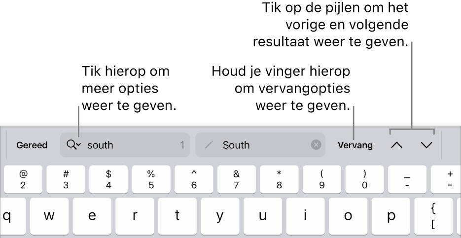 De zoek- en vervangregelaars boven het toetsenbord met uitleg bij de knop voor zoekopties, de knop 'Vervang' en de knoppen met een pijl-omhoog en pijl-omlaag.