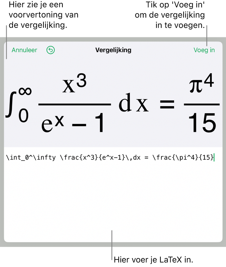 Het venster 'Vergelijking' met daarin een vergelijking die geschreven is met LaTeX-commando's en erboven een voorvertoning van de formule.