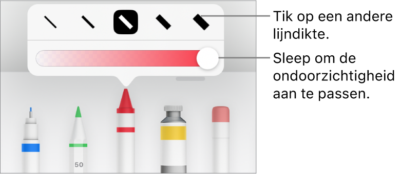 Regelaars voor het kiezen van een lijndikte en een schuifknop voor het aanpassen van de ondoorzichtigheid.