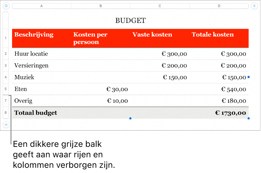 Een dikkere grijze balk die aangeeft waar rijen en kolommen verborgen zijn