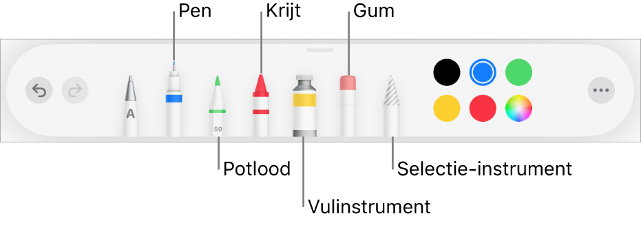 De knoppenbalk voor tekenen met een pen, potlood, krijt, vulinstrument, gum en selectie-instrument en een kleurenvak met de huidige kleur. Helemaal rechts staat de knop voor het menu 'Meer'.