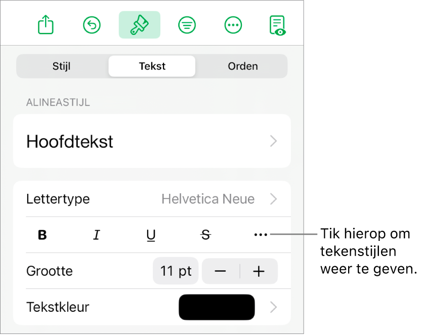 De opmaakregelaars met bovenin de alineastijlen en daaronder de lettertyperegelaars. Onder 'Lettertype' staan de knoppen voor 'Vet', 'Cursief', 'Onderstreept', 'Doorgehaald' en de knop voor meer tekstopties.