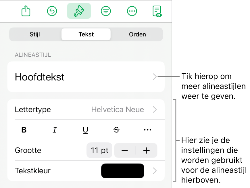 Het opmaakmenu met tekstregelaars voor het instellen van alinea- en tekenstijl, lettertype, lettergrootte en kleur.