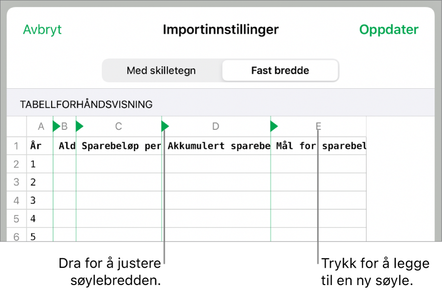 Importinnstillingene for en tekstfil med fast bredde.