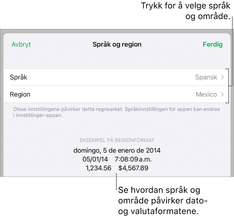 Språk og område-panelet med kontroller for språk og område, og et formateksempel med dato, klokkeslett, desimaler og valuta.