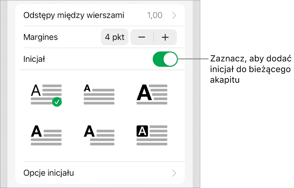 Narzędzia inicjału znajdujące się w menu Tekst.