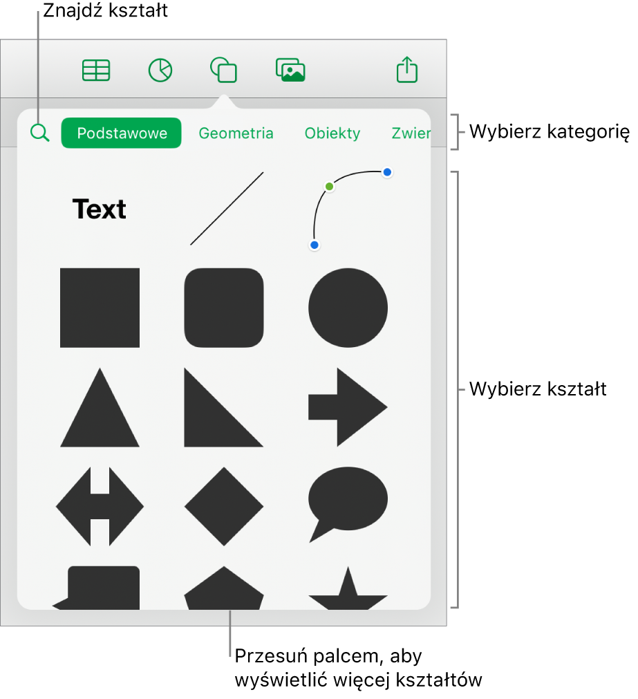 Biblioteka kształtów, na górze widoczne są kategorie, a na dole kształty. Możesz użyć znajdującego się na górze pola wyszukiwania, aby wyszukiwać kształty. Przesuń, aby zobaczyć ich więcej.