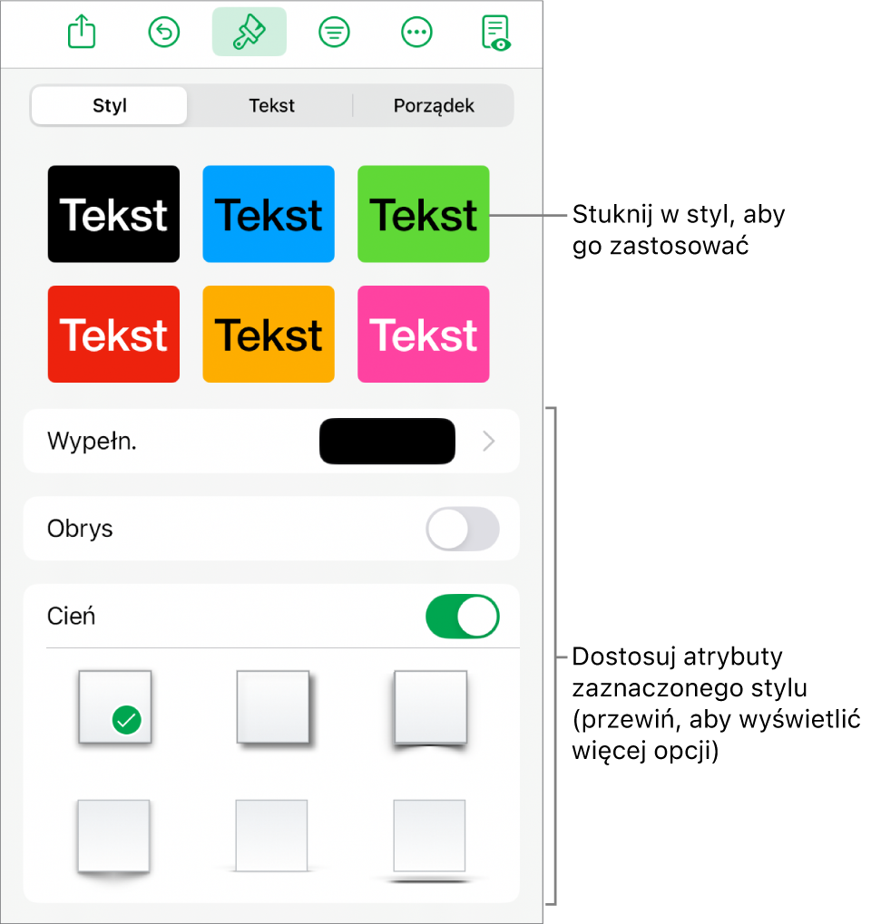 Karta Styl w menu Format, zawierająca na górze style obiektów, a poniżej narzędzia pozwalające na zmienianie wypełniania, krawędzi i cienia.