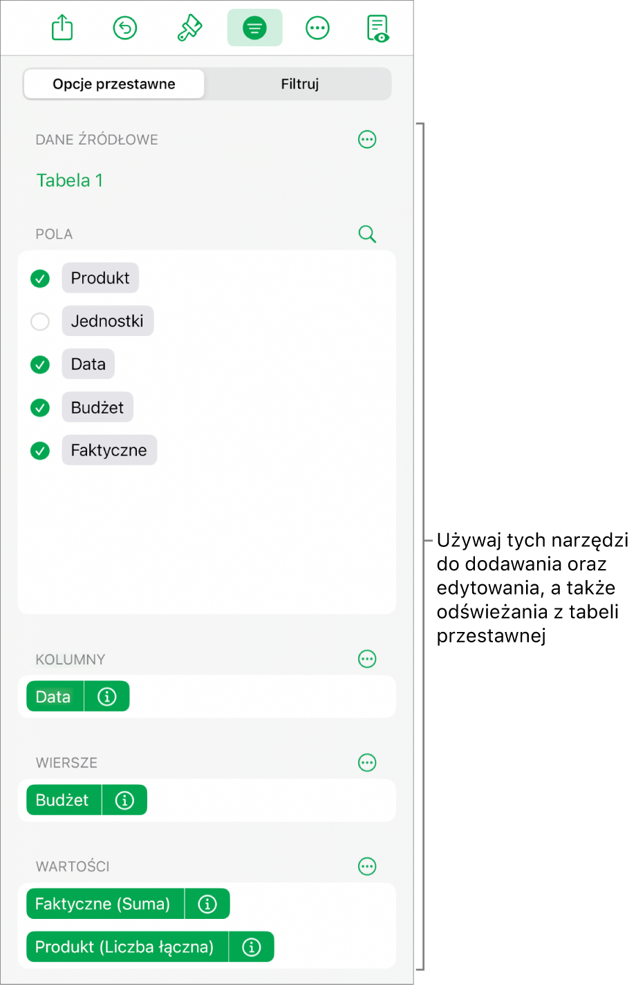 Menu Opcje przestawne zawierające pola w sekcjach Kolumny, Wiersze i Wartości, a także narzędzia do edycji pól.