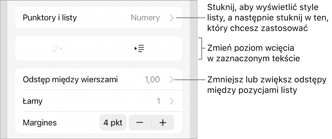 Sekcja Punktory i listy w narzędziach Format. Objaśnienia wskazują przyciski Punktory i listy, Wysunięcie oraz Wcięcie, a także narzędzia odstępów między wierszami.