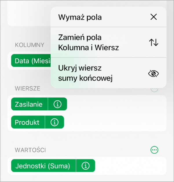 Menu Więcej opcji pola pokazujące narzędzia ukrywania sum końcowych, zamiany pól kolumn oraz wierszy, oraz wymazania pól.