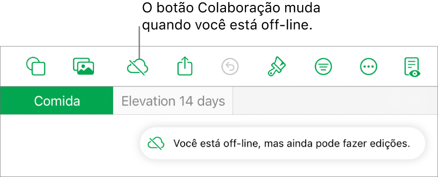 Os botões na parte superior da tela com o botão Colaboração transformado em uma nuvem com uma linha diagonal sobre ela. Alerta na tela informando que “Você está off-line, mas ainda pode fazer edições.”