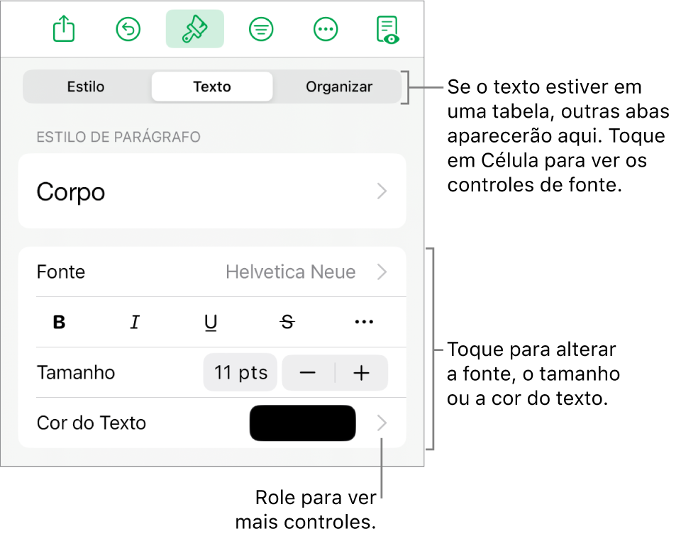 Controles de texto no menu Formatar para definir estilo, fonte, tamanho e cor de caractere e parágrafo.