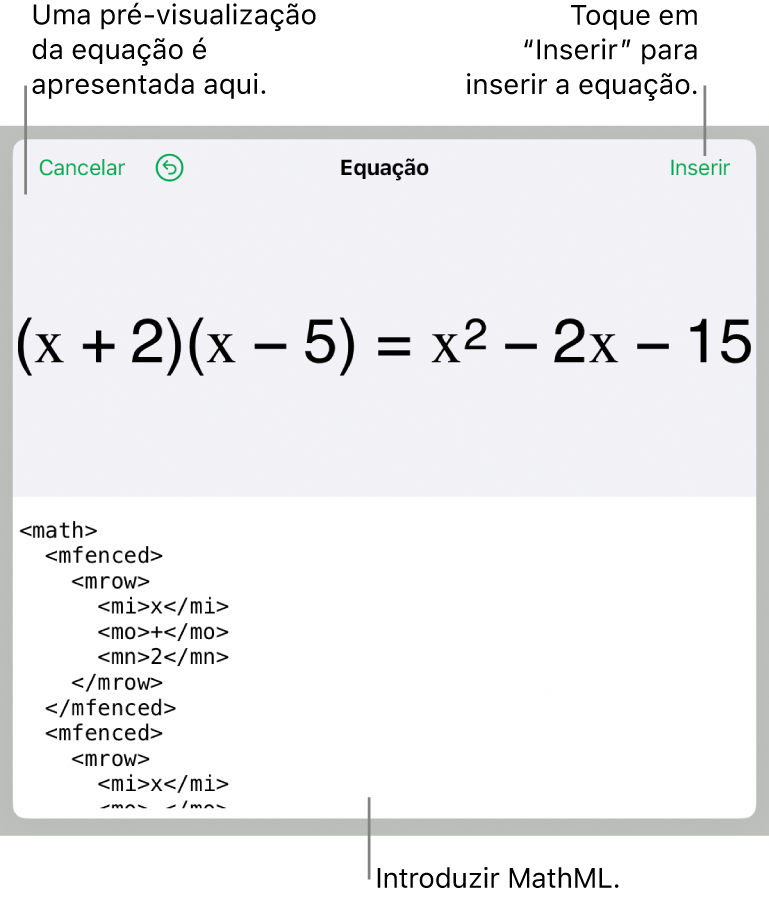 A caixa de diálogo “Equação”, apresentando uma equação escrita com recurso aos comandos MathML e uma pré-visualização da fórmula em cima.