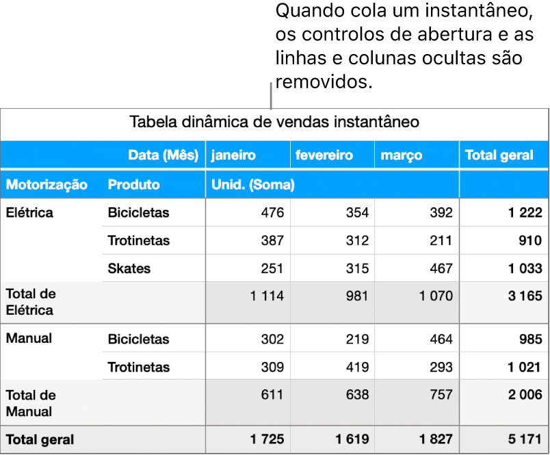 Um instantâneo de uma tabela dinâmica.