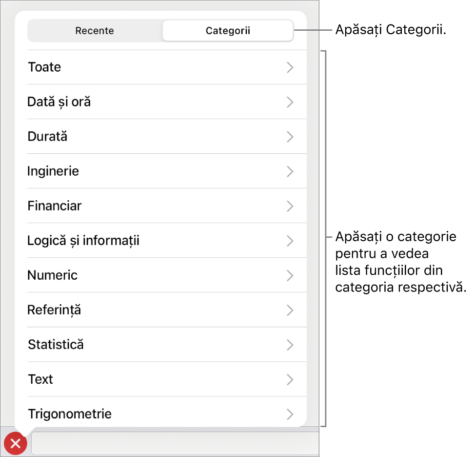 Browserul de funcții cu butonul Categorii selectat și lista categoriilor mai jos.