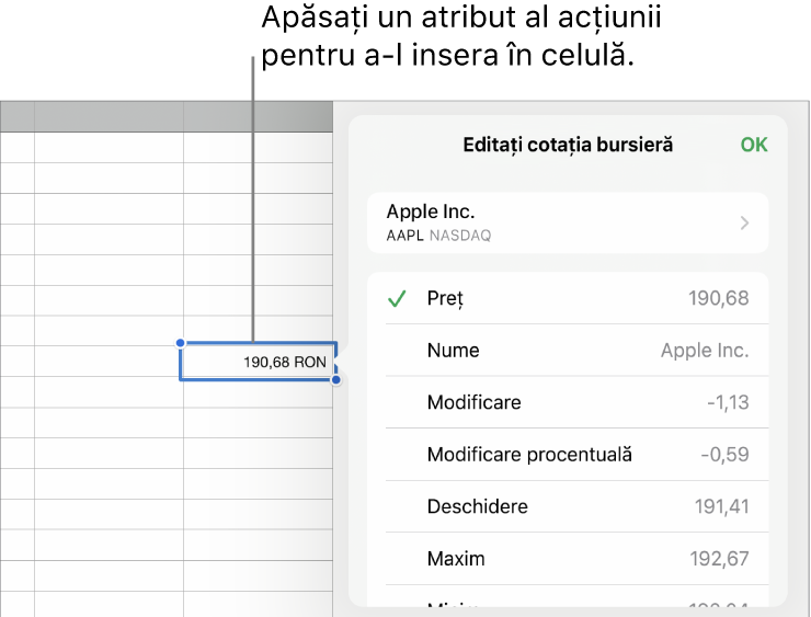 Pop-overul cotației bursiere, cu numele acțiunii în partea de sus și atributele selectabile ale acțiunii, incluzând prețul, numele, modificarea, modificarea procentuală, prețul de deschidere și prețul cel mai mare mai jos.