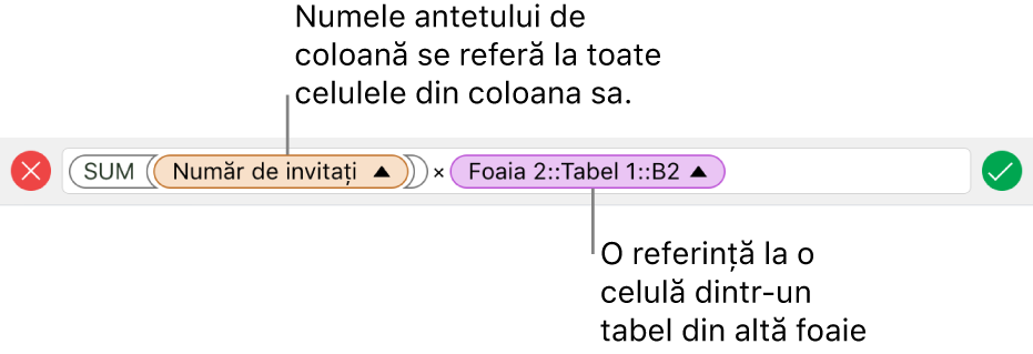 Editorul de formule afișând o formulă care se referă la o coloană dintr-un tabel și o celulă din alt tabel.