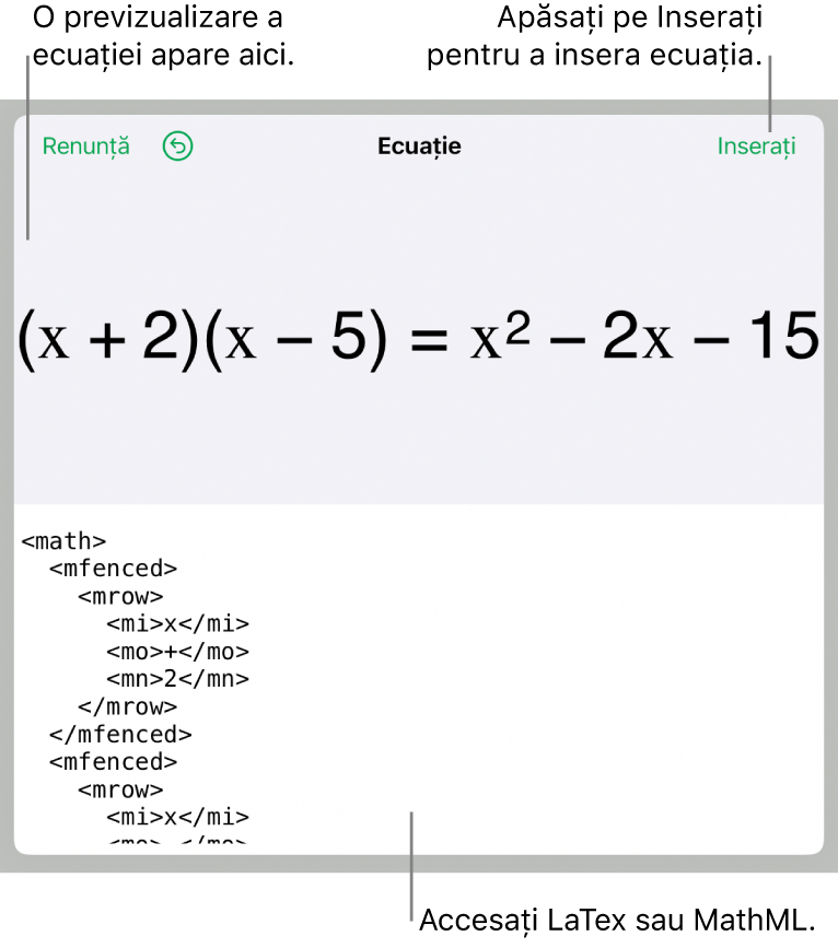 Caseta de dialog Ecuație, afișând o ecuație scrisă cu ajutorul comenzilor MathML și, deasupra, o previzualizare a formulei.