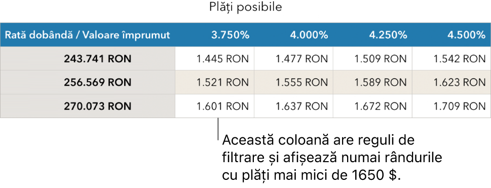 Un tabel care afișează ipoteca după filtrarea în funcție de ratele de dobândă pe care vi le permiteți.