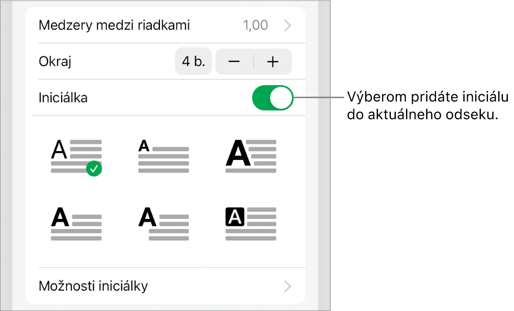 Ovládacie prvky Iniciálka v menu Text.