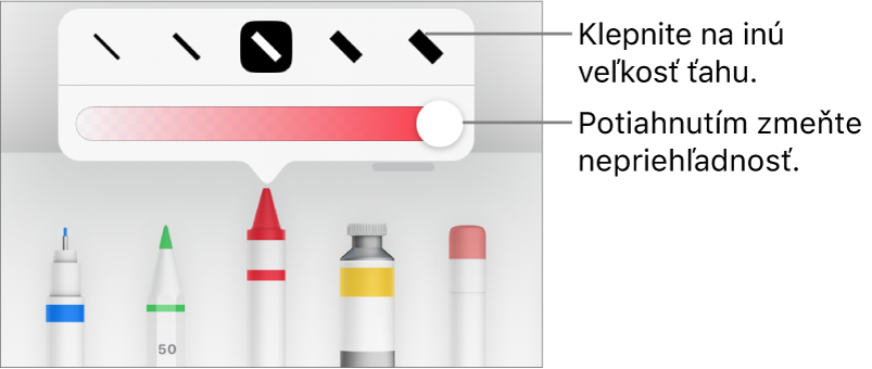 Ovládacie prvky na výber veľkosti ťahu a posuvník nastavenia priehľadnosti.