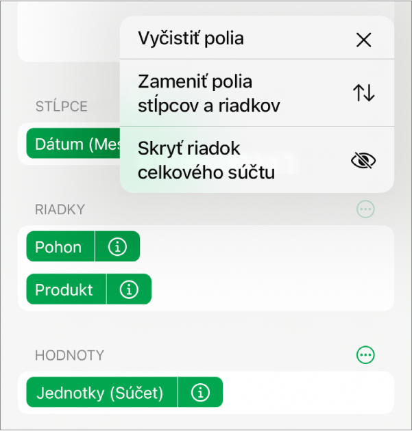 Menu Ďalšie možnosti poľa zobrazujúce ovládacie prvky na skrytie celkových súčtov, zámenu stĺpcových a riadkových polí a vymazanie polí.