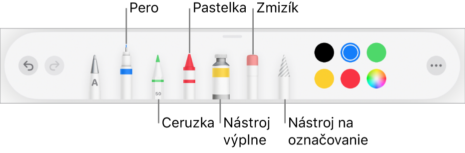 Panel s nástrojmi kreslenia s perom, ceruzkou, pastelkou, výplňou, zmizíkom, nástrojom výberu a vzorkovníkom farieb zobrazujúcim aktuálnu farbu. Úplne vpravo je tlačidlo menu Viac