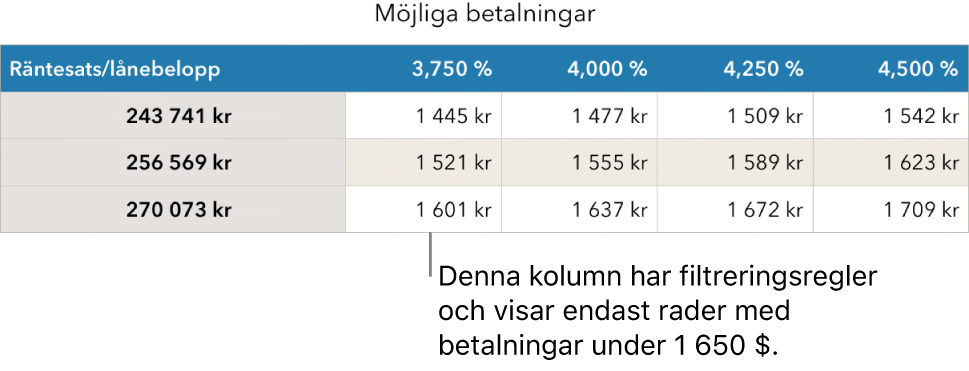 En lånetabell efter att den har filtrerats efter ekonomiskt hanterbara räntor,