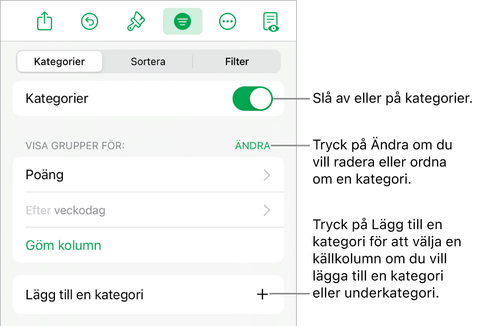 Menyn Kategorier för iPad med alternativ för att slå av kategorier, radera kategorier, gruppera om data, gömma en källkolumn och lägga till kategorier.