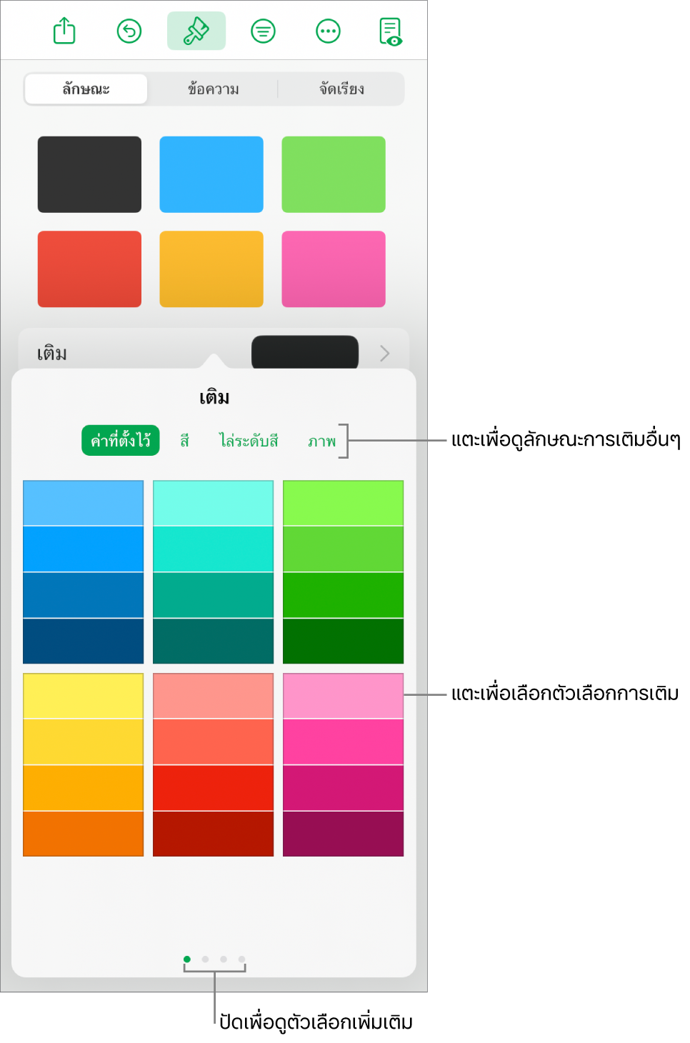 ตัวเลือกการเติมในแถบลักษณะของปุ่มรูปแบบ