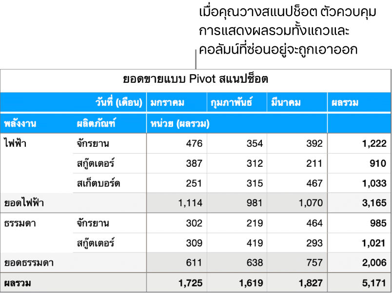 สแนปช็อตของตารางแบบ Pivot