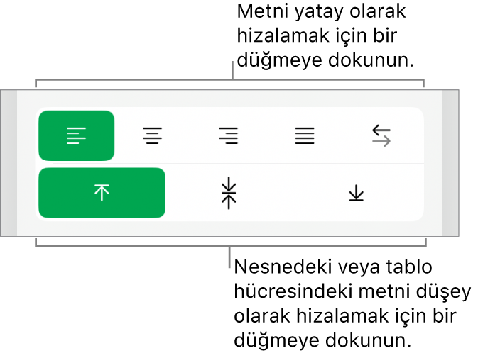 Metin için yatay ve düşey hizalama düğmeleri.