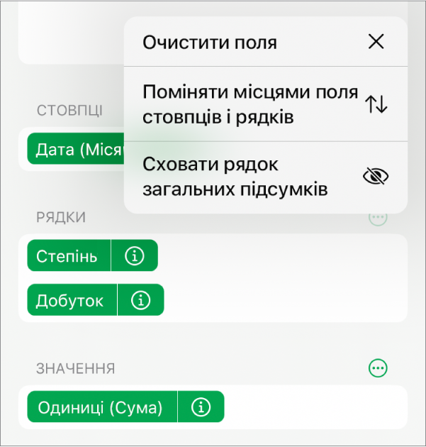 Меню «Додаткові опції полів» з елементами керування для приховання загальних підсумків, заміни місцями полів стовпців і рядків та очищення полів.