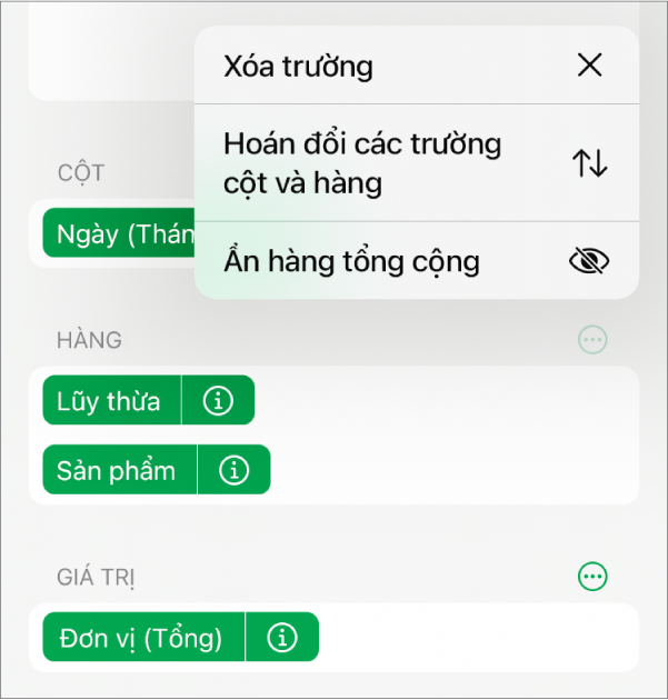 Menu Tùy chọn trường khác, đang hiển thị các điều khiển để ẩn tổng lớn, hoán đổi các trường hàng và cột và xóa các trường.