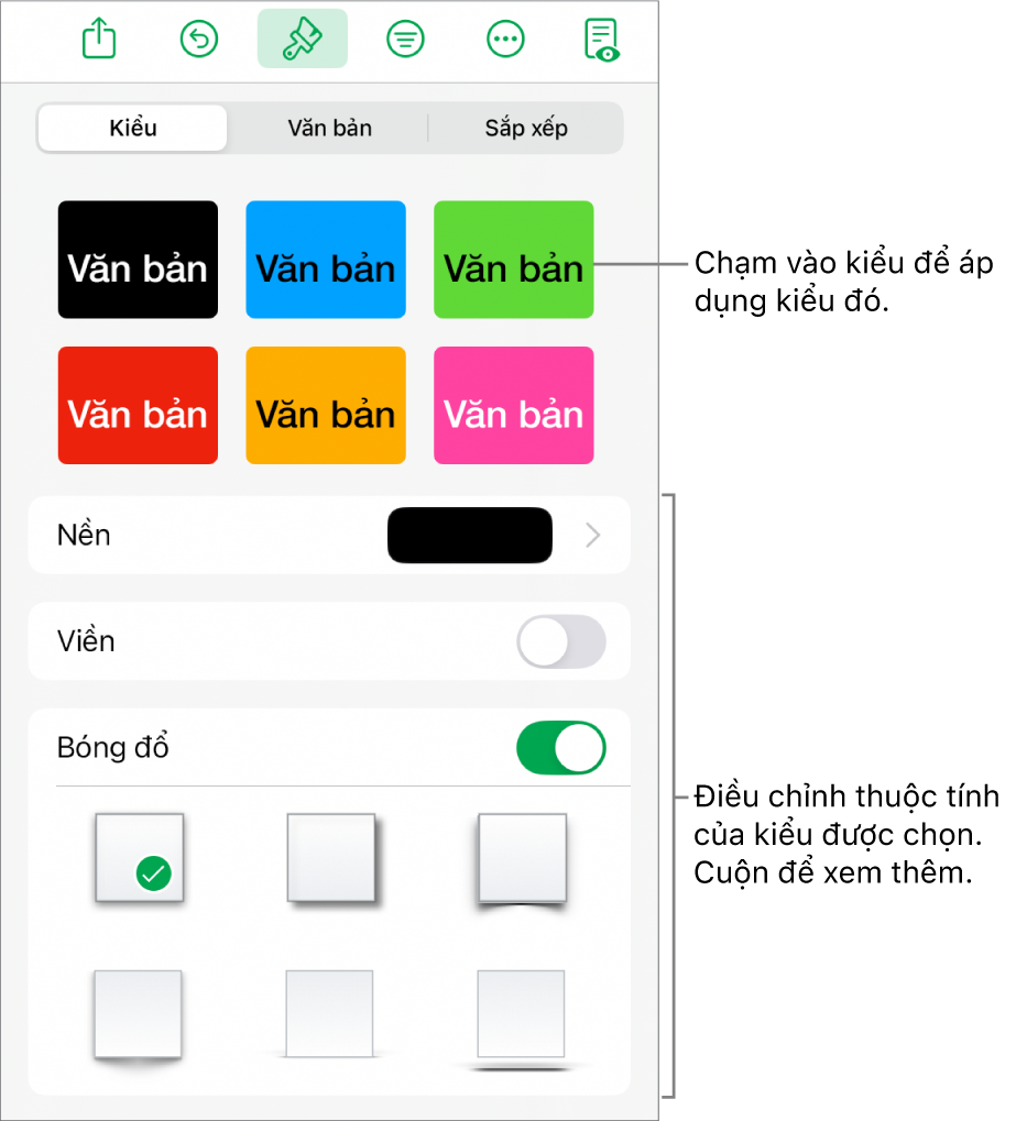 Tab Kiểu của menu Định dạng với các kiểu hình ở đầu và các điều khiển ở bên dưới để thay đổi nền, đường viền và bóng.