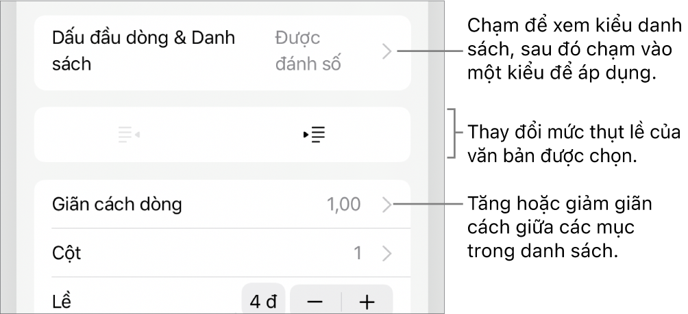 Phần Dấu đầu dòng & Danh sách của điều khiển Định dạng với các chú thích đến Dấu đầu dòng & Danh sách, các nút thụt lề và nhô lề và các điều khiển giãn cách dòng.