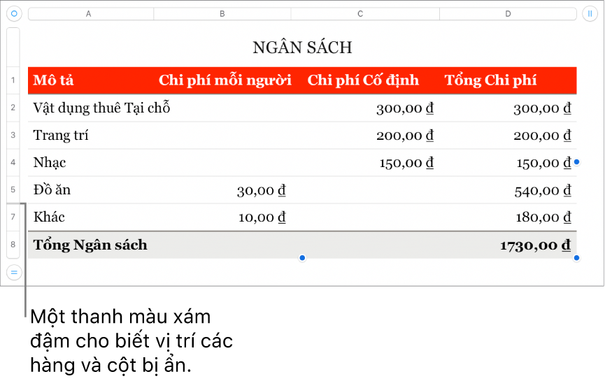 Một thanh màu xám đậm cho biết vị trí của các hàng và cột bị ẩn