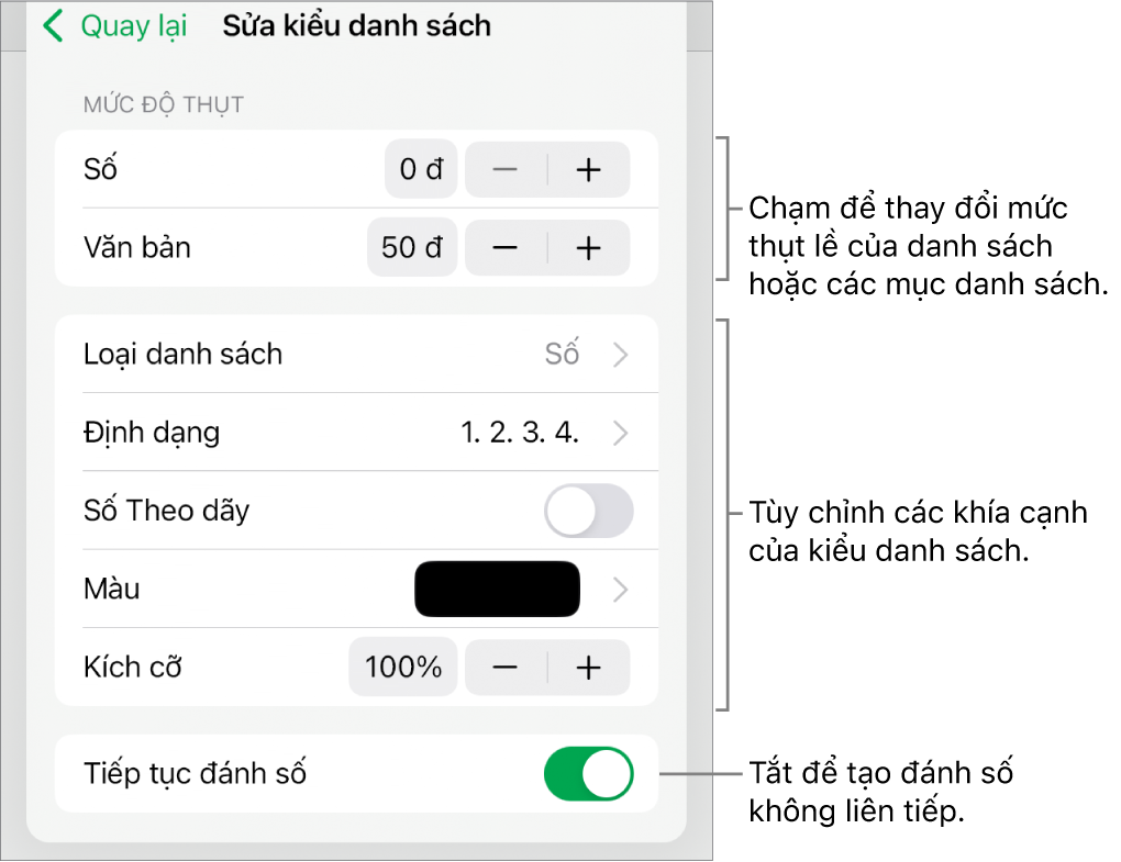 Menu Sửa kiểu danh sách với các điều khiển cho giãn cách thụt lề, kích cỡ và màu danh sách cũng như đánh số tiếp tục.