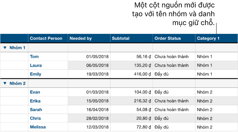 Một bảng được phân loại với tên giữ chỗ cho danh mục và các nhóm.