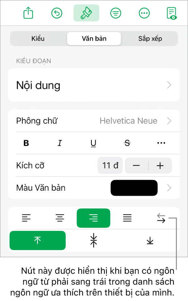 Phần Kiểu của menu Định dạng với chỉ thị đến các nút Phải sang trái.