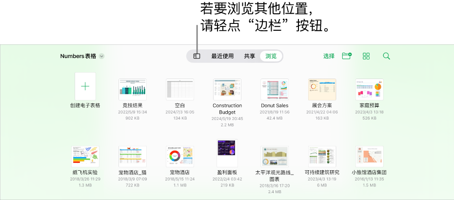 电子表格管理器的浏览视图，左上角带有位置链接，其下方是搜索栏。右上角是“添加电子表格”按钮，“新建文件夹”按钮，用于选择列表或图标视图以及按名称、日期、大小、种类和标签过滤的弹出式菜单以及“选择”按钮。这些按钮下方是现有电子表格的缩略图。