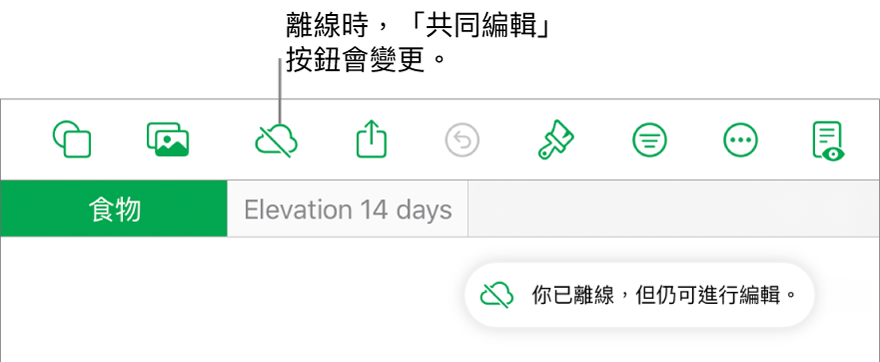 螢幕最上方的按鈕，其中「共同編輯」按鈕已變成被對角線劃過的雲朵圖像。螢幕上的警示顯示「你已離線，但仍可進行編輯。」