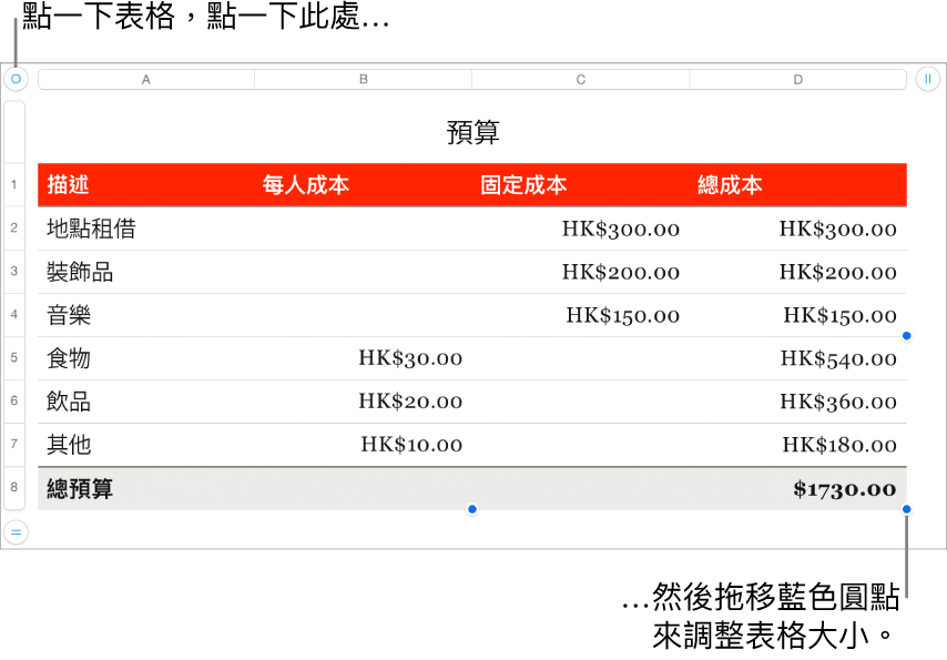 選取的表格，帶有調整大小的藍色圓點。