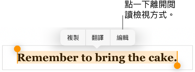 已選擇句子，其上方是包含「複製」和「編輯」按鈕的特色選單。
