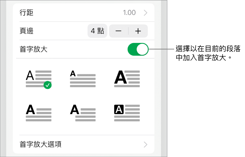 「首字放大」控制項目位於「文字」選單。