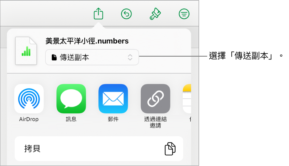 「分享」選單的最上方已選取「傳送副本」。