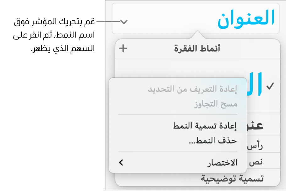 قائمة أنماط الفقرة مع قائمة الاختصارات مفتوحة.